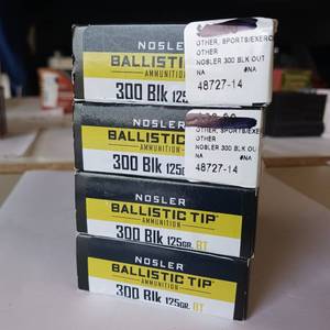 lot 33 image: NOSLER BALLISTIC TIP AMMUNITION  300 BLACK  125 gr  4 BOXES IN THIS LOT