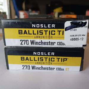 lot 34 image: NOSLER BALLISTIC TIP AMMUNITION  270 WIN  130 gr  2 BOXES IN THIS LOT