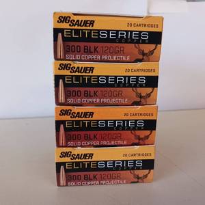 lot 87 image: SIG SAUR ELITE SERIES 300 BLACK 120 GR.  4 BOXES IN THE LOT