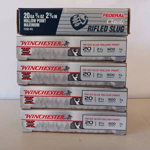 lot 97 image: WINCHESTER SUPER X 20 GAUGE RIFLED SLUG HOLLOW POINT  5 BOX LOT