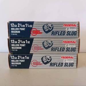 lot 98 image: FEDERAL 20 GAUGE HOLLOW POINT MAGNUM  3 BOX LOT