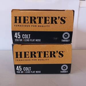 lot 105 image: HERTERS 45 COLT - 2 boxes - 250 grain soft lead