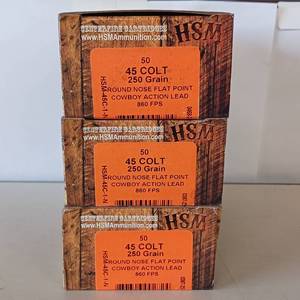 lot 109 image: 3 Box Lot  HSM Cowboy Action Cartridges  45 Colt  250 Grain
