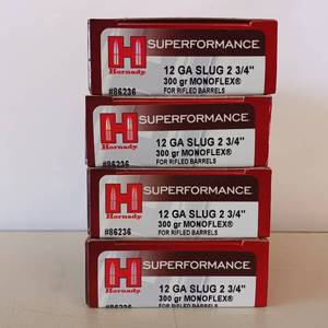 lot 123 image: HORNADY  12 GAUGE SLUG  2 34 300 gr Monoflex  lot of 4 boxes