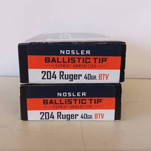 lot 129 image: NOSLER Ballistic Tip  Varmint ammunition  204 Ruger 40 gr  BTV  lot of 2 boxes