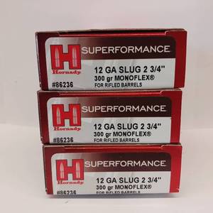 lot 163 image: HORNADY SUPERFORMANCE  12 GAUGE SLUG 2 34  300 GR  MONOFLEX  LOT OF 3 BOXES