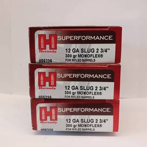 lot 165 image: 12 GAUGE SLUG  2 34  SLUG FOR RIFLED BARREL  300 gr MONOFLEX  LOT OF 3 BOXES