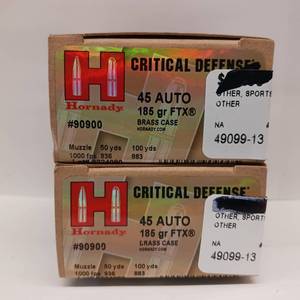 lot 167 image: HORNADY CRITICAL DEFENSE  45 AUTO  185 gr FTX  BRASS CASE  LOT OF 2 BOXES