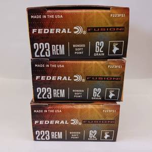 lot 181 image: FEDERAL 223 REM  FUSION - MADE IN USA - Soft Rounded point  62 gr  lot of 3 boxes