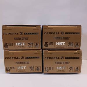 lot 185 image: FEDERAL PERSONAL DEFENSE 45 AUTO  HST 230 gr  jacketed hollow point  4 box lot