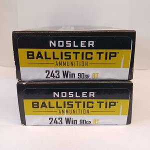 lot 186 image: NOSLER BALLISTIC TIP 243 WIN  90 gr BT  lot of 2 boxes