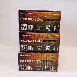 lot 187 image: FEDERAL 223 REM  FUSION - MADE IN USA - Soft Rounded point  62 gr  lot of 3 boxes