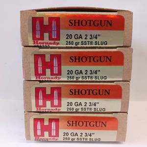 lot 189 image: 20 GAUGE HORNADY SHOTGUN  2 34 250 GR SST SLUG  LOT OF 4 BOXES