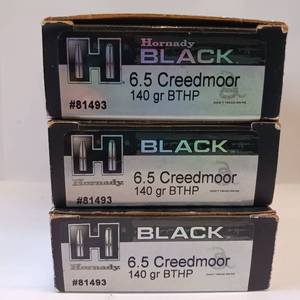 lot 191 image: HORNADY BLACK 6.5 CREEDMORE  140 gr BTHP  LOT OF 3 BOXES