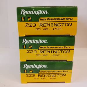 lot 193 image: REMINGTION MADE 223 REMINGTON RIFLE 55 gr PSP  LOT OF 3 BOXES