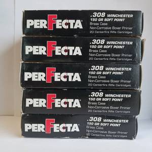 lot 198 image: PERFECTA .308 WINCHESTER 150 gr SOFT POINT BRASS CASE  lot of 5 boxes