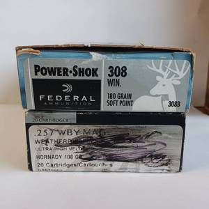 lot 199 image: 2 different caliber boxes  FEDERAL POWERSHOK 308 WIN 180 gr .257 WEATHERBY MAG 100 gr