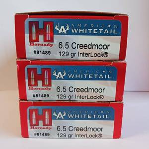 lot 202 image: 60rds - 6.5mm Creedmoor Hornady American Whitetail 129gr. InterLock SP Ammo - 2820fps