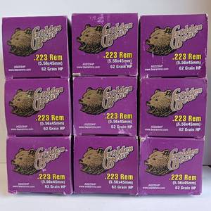lot 205 image: Golden Bear .223 REM 62 grain bimetal HP cartridges in brass plated cases - 9 Boxes - 20 rounds each 180 total