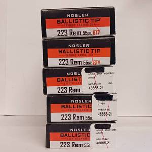 lot 210 image: 223 REM - 55GR- BTV - Ballistic Tip - Varmint - NOSLER Ammunition - 5 boxes - 100rounds