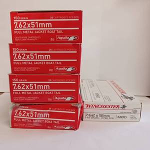 lot 211 image: 100 rounds total - 7.62x51mm (308 WIN) - AGUILA - Winchester - 5 box lot