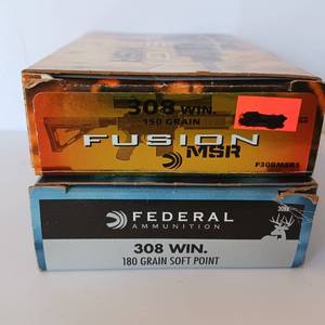 lot 223 image: 308 WIN - 150GR & 180GR 2 box lot - Federal & FUSION MSR - 40 rounds total