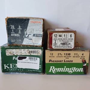 lot 227 image: 12G & 20G Mixed Lot - 85 total - Shotgun Shells - Full boxes - Remington - Federal - Kent