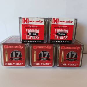 lot 233 image: Hornady - 17HMR - V-Max - 17GR - 5 Boxes - 250rounds total