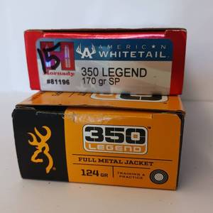 lot 244 image: 350 LEGEND - 170gr SP - FMJ - 124GR - (partial boxes) 30 rounds total - Browning - Hornady Ammunition
