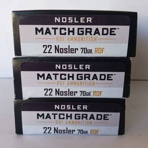 lot 279 image: 22 NOSLER - 70Gr. RDF Ammunition - Match Grade Ammo - 3 Boxes - 60 Rounds total