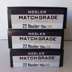 lot 280 image: 22 NOSLER - 70Gr. RDF Ammunition - Match Grade Ammo - 3 Boxes - 60 Rounds total