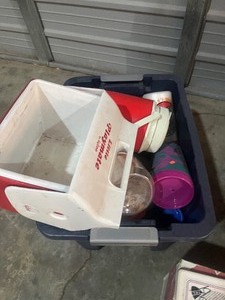 lot 19 image: Box of Plastic Mugs  water Jug  cooler