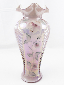 lot 25A image: FENTON 11 Pink Opalescent Iridescent Glass Feather Hand Painted Ruffle Vase