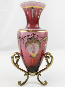 lot 25F image: FENTON 9 Cranberry Hand painted Amphora Vase & Stand LIMITED EDITION #168400