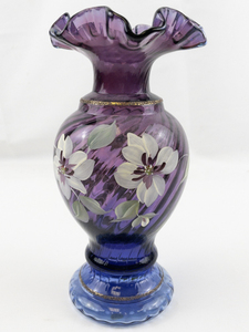 lot 25H image: FENTON 8.5 Double Crimped Mulberry Hand painted Iced Gold Floral & Butterfly Vase.