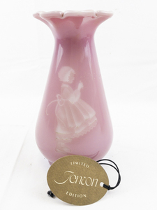 lot 25I image: FENTON 7 Rose Quartz Sand Carved Vase Little Girl Blowing Dandelions LIMITED EDITION #4961500