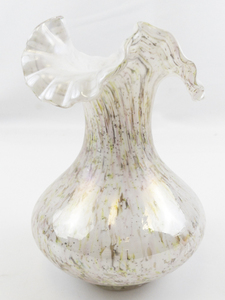 lot 25J image: FENTON 7 VASA Murrhina White Cased -SilverPinkGrenn Double Ruffle Vase