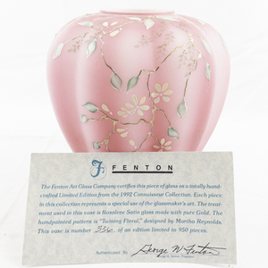 lot 25P image: 1992 FENTON Rosalene Satin Twining Floral Hand painted Vase.