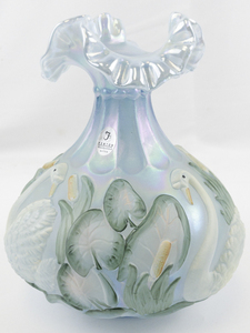 lot 26C image: FENTON 8 Blue Opalescent Waterlily Ruffle Hand painted Swan Vase.