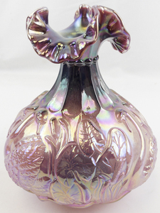 lot 26J image: FENTON 8 Iridescent Plum Opal Carnival Swan Double Ruffle Swan Vase.