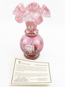 lot 26R image: FENTON 7 Cranberry Opalescent Hand painted Floral Ruffle Vase. LIMITED EDITION #59126000