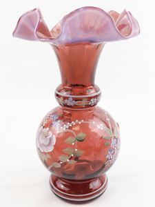 lot 26S image: FENTON 7 Cranberry Diamond Optic Hand painted Floral Ruffle Vase. LIMITED EDITION #2166000