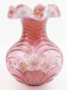 lot 26U image: FENTON 8  Mary Gregory Cranberry Hand painted Cranberry Drapery Ruffle Vase.
