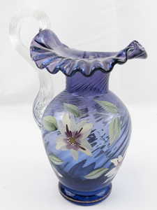lot 27A image: FENTON 9.5 Crimped Mulberry Spiral Optic Hand painted Floral & Butterfly Pitcher.