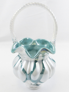 lot 28B image: FENTON 9 Teal & Milk glass Iridescent with Spiral Rope Handle Basket.LIMITED EDITION #582500 (Has Crack)