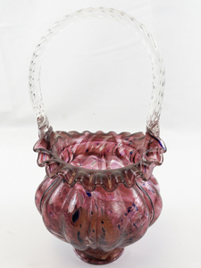 lot 28C image: FENTON 9 VASA Murrhina Cranberry & Colbalt Blue Iridized Basket. LIMITED EDITION #2281000 (Handle Broken Reference Pictures)