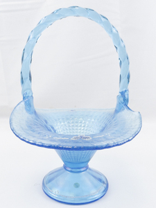 lot 28D image: 1995 FENTON 10 Celeste Blue Coralene Floral Hand painted Diamond Optic Basket. This Piece of the Family Signature Series is #707 of the Coralene on Celeste Blue