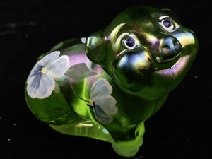 lot 28E image: FENTON Green Apple Hand painted Floral Sitting Pig Figurine.
