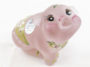 lot 38S image: FENTON Pink Satin Ready for Summer Hand painted Sitting Pig Figurine.