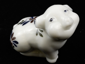 lot 29F image: FENTON White Satin Hand painted Floral Sitting Pig Figurine.